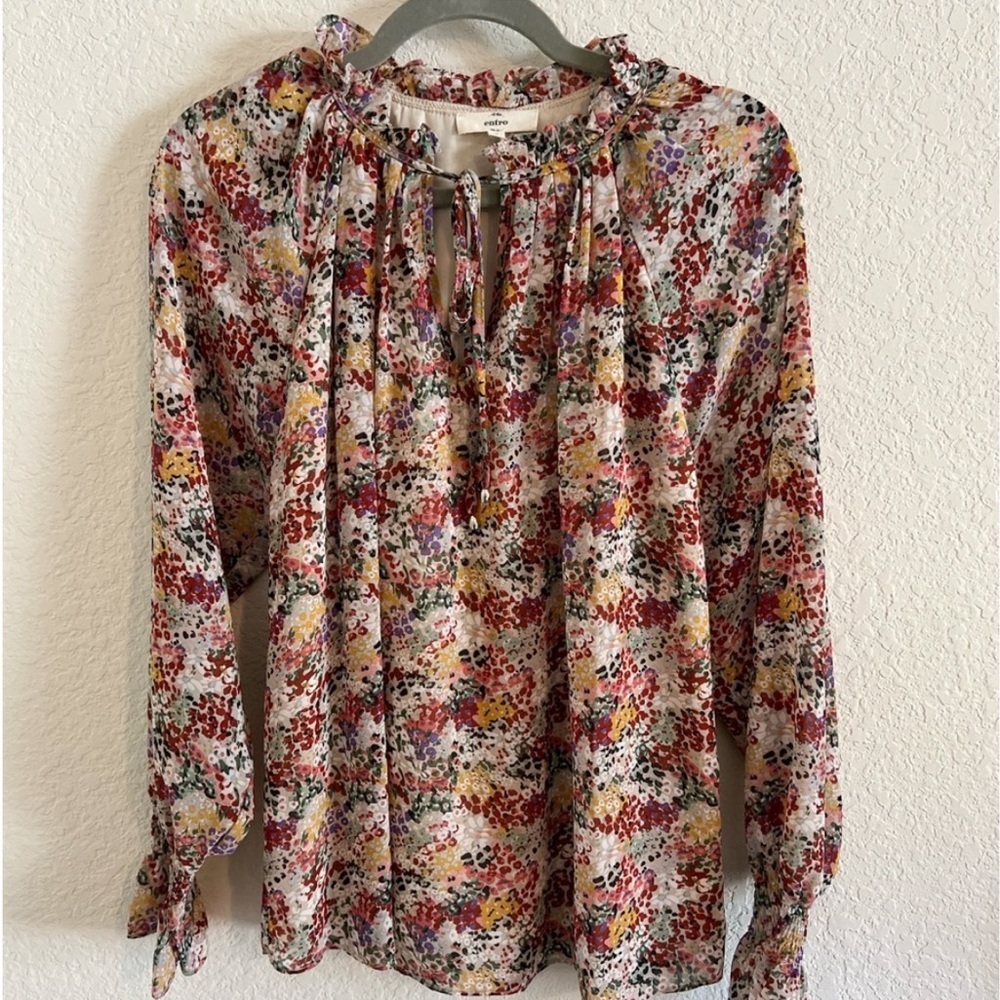 Entro Bohemian Floral V neck Long Sleeve Blouse | Size Small